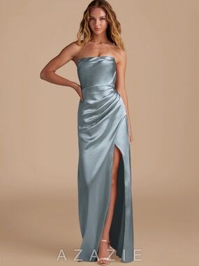 Azazie Strapless Satin Gown in Dusty Blue